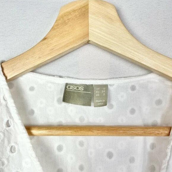 ASOS White Tiered Eyelet Lace Long Sleeve Wrap Trapeze Mini Dress 2 - Picture 4 of 5